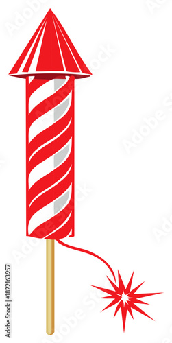 Cartoon Red and White Fireworks Rocket with Burning Fuse for Celebration