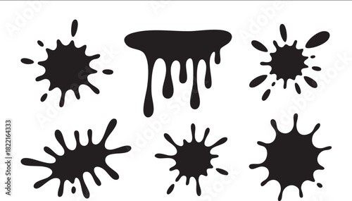 Six black ink splatters with varied drip and splash patterns are presented on a white background