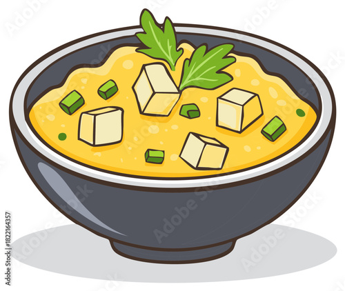 Delicious hearty yellow soup in a dark bowl with tofu cubes, green onions, and fresh herb garnish. Cartoon illustration of a warm meal.