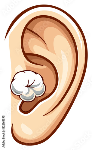 Cartoon illustration of an ear with a cotton ball for noise protection or hearing health