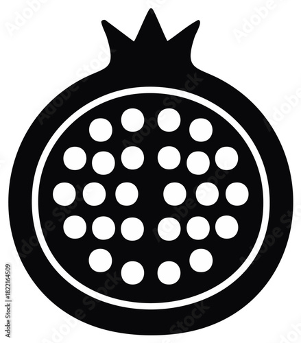 Black silhouette of a halved pomegranate showing its arils as white circles