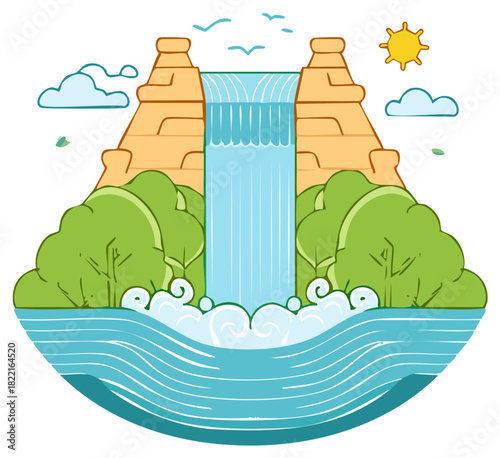 Stylized illustration of a cascading waterfall surrounded by green trees and cliffs under a bright sun and blue sky with birds flying