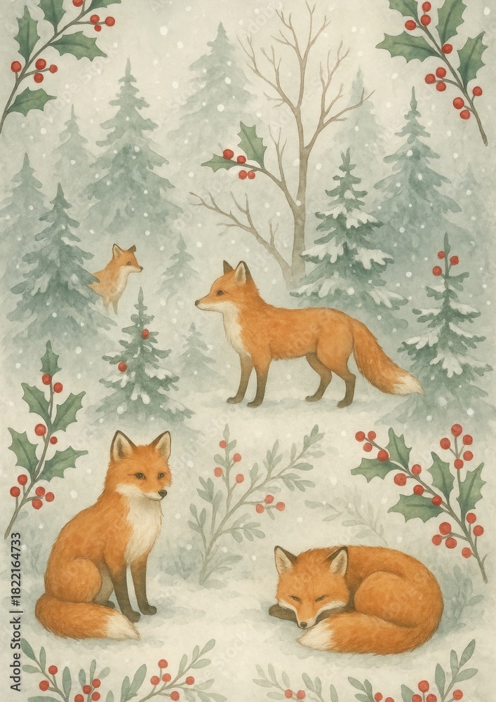 Naklejka premium Whimsical foxes in snowy forest