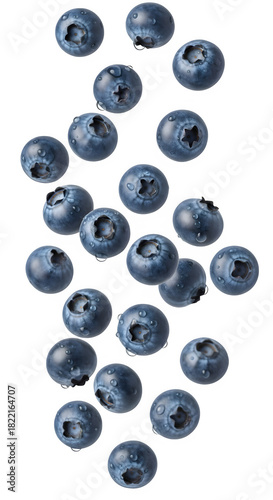 Ripe and juicy blueberries with water droplets, captured in midair, isolated on transparent background