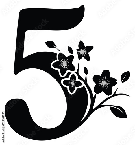 Decorative number five with cherry blossom flowers vector illustration