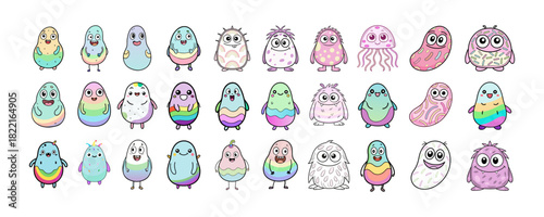 Collection of cute colorful cartoon monsters and fantasy creatures, isolated on white background