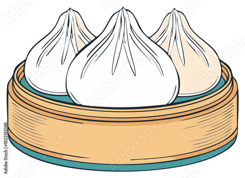 Traditional Asian food steamed buns in a bamboo steamer vector illustration