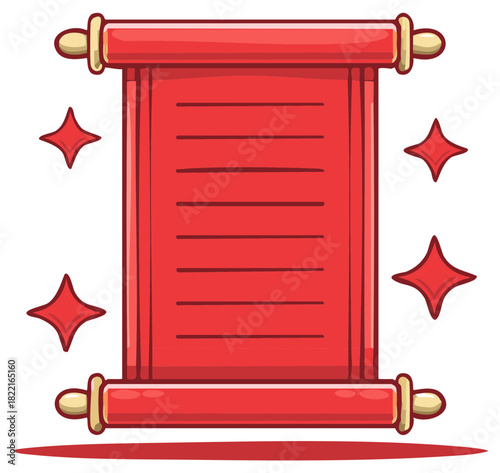 Ancient red scroll cartoon illustration with magical sparkles for a fantasy game decree or important announcement
