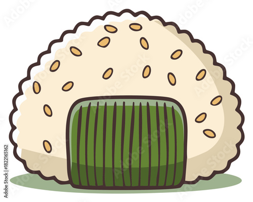 Traditional Japanese Onigiri Rice Ball Cartoon Illustration with Seaweed and Sesame Seeds