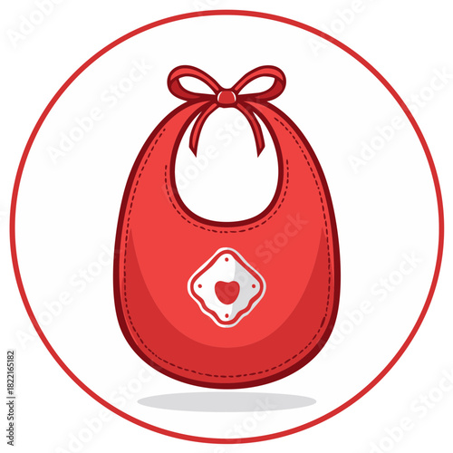 Cartoon illustration of a red baby bib with a bow tie and heart symbol in a circle frame