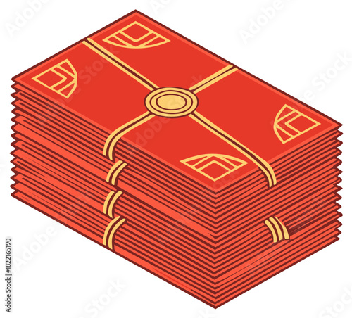 Stacked Red Roman Military Scutum Shields with Gold Emblems and Ties for Battle Protection