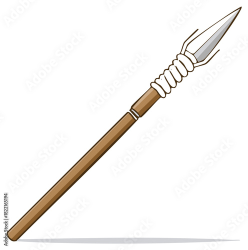 Ancient hunter's spear weapon with sharp metal head and wooden shaft, cartoon illustration