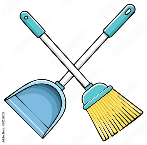 Dustpan and Broom Crossed Cartoon Illustration: Cleaning Tools for Sanitation