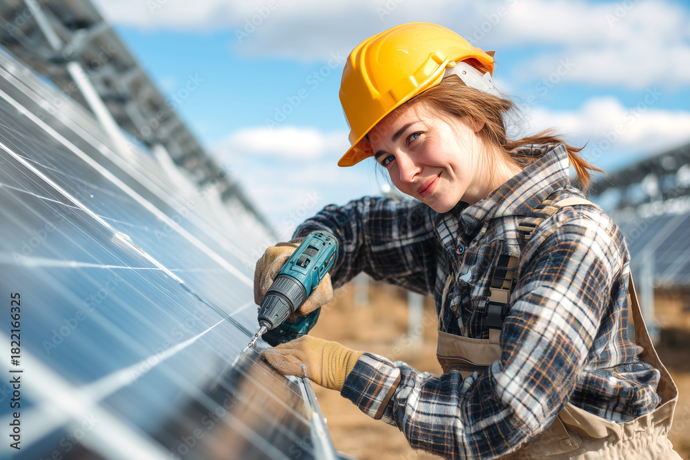 Obraz premium Trabajo técnico solar que evoca sostenibilidad activa, precisión manual y compromiso ambiental en campo abierto. Persona con casco amarillo y guantes utiliza un taladro en un panel solar bajo un cielo