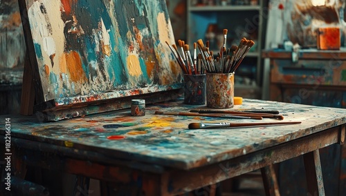 Artist's Studio Table with Easel, Abstract Painting, and Paint Brushes