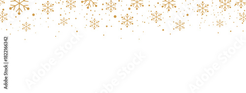 Elegant Christmas or winter banner featuring a seamless falling pattern of golden/bronze snowflakes and dots along the top edge. The design is isolated on a white background, offering significant copy