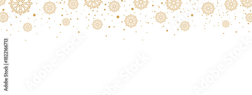Elegant Christmas or winter banner featuring a seamless falling pattern of golden/bronze snowflakes and dots along the top edge. The design is isolated on a white background, offering significant copy