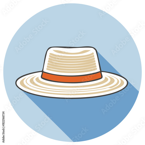 Classic straw sun hat with orange band in a flat design style icon. Vector art with a long shadow.