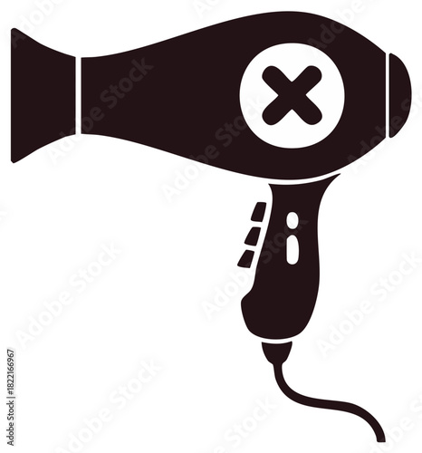 Black Hair Dryer Icon with Cross Mark Symbolizing Failure or Prohibition