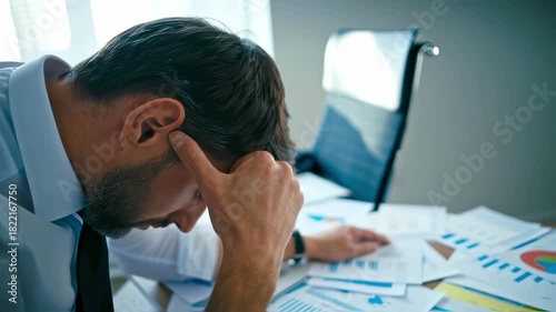 Stressed analyst working tense environment as analyst scrutinizes documents and meets deadlines overwhelmed analyst studies charts intensely amidst strict office lighting and mounting pressure