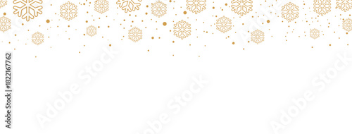 Elegant Christmas or winter banner featuring a seamless falling pattern of golden/bronze snowflakes and dots along the top edge. The design is isolated on a white background, offering significant copy