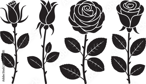 Four black rose flower silhouettes stand gracefully on a white transparent background, distinct in shape