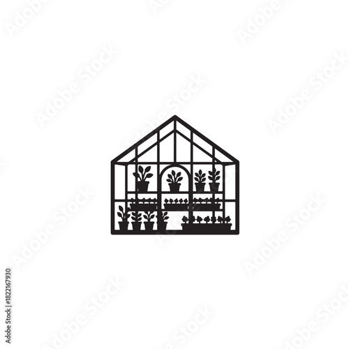 Greenhouse silhouette rectangular glass structure with plants icon