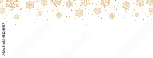 Elegant Christmas or winter banner featuring a seamless falling pattern of golden/bronze snowflakes and dots along the top edge. The design is isolated on a white background, offering significant copy