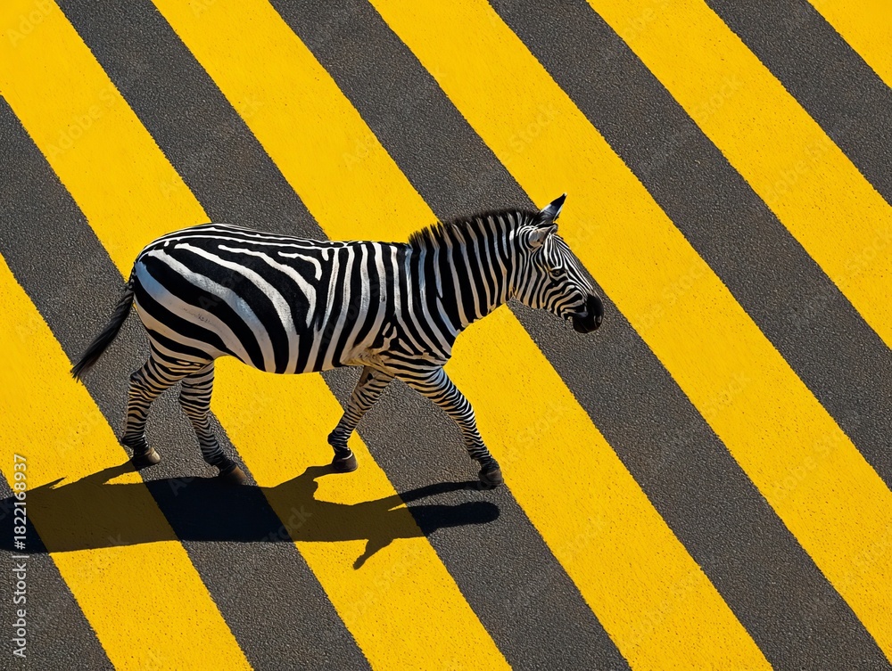 Naklejka premium Zebra walking on graphic yellow and black stripes, abstract animal portrait, high contrast photo.