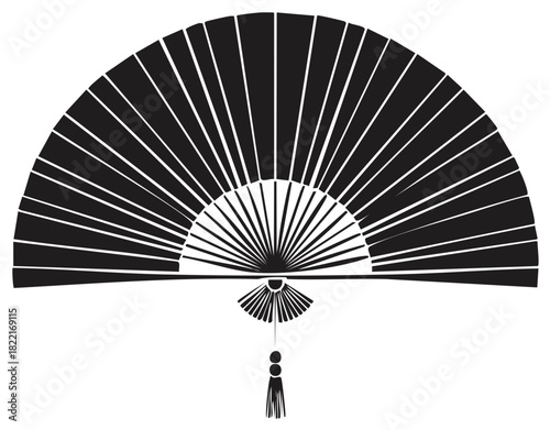 Black and white silhouette of an open Asian folding hand fan with a tassel vector illustration