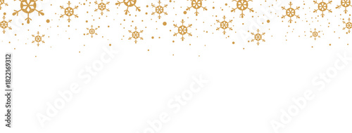 Elegant Christmas or winter banner featuring a seamless falling pattern of golden/bronze snowflakes and dots along the top edge. The design is isolated on a white background, offering significant copy
