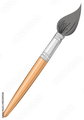 Single pointed paintbrush with a wooden handle and grey bristles illustration