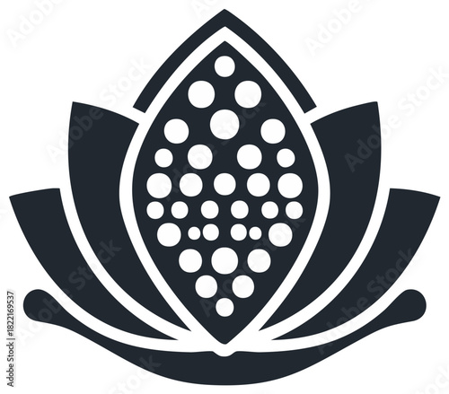 Abstract dark lotus flower icon with seed pod and white dots pattern design