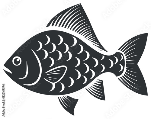 Stylized fish icon in a black and white woodcut art style. Simple vector graphic for logo or design.