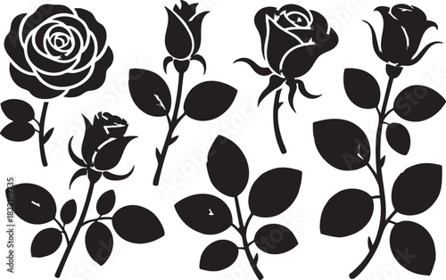 A cluster of five black rose silhouettes and separate leaves creates a floral tableau