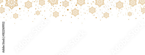Elegant Christmas or winter banner featuring a seamless falling pattern of golden/bronze snowflakes and dots along the top edge. The design is isolated on a white background, offering significant copy
