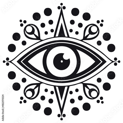 Stylized mystical evil eye symbol with ornate symmetrical geometric decorative elements and dots