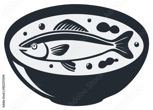 Stylized Whole Fish in Dark Bowl with Bubbles Vector Art