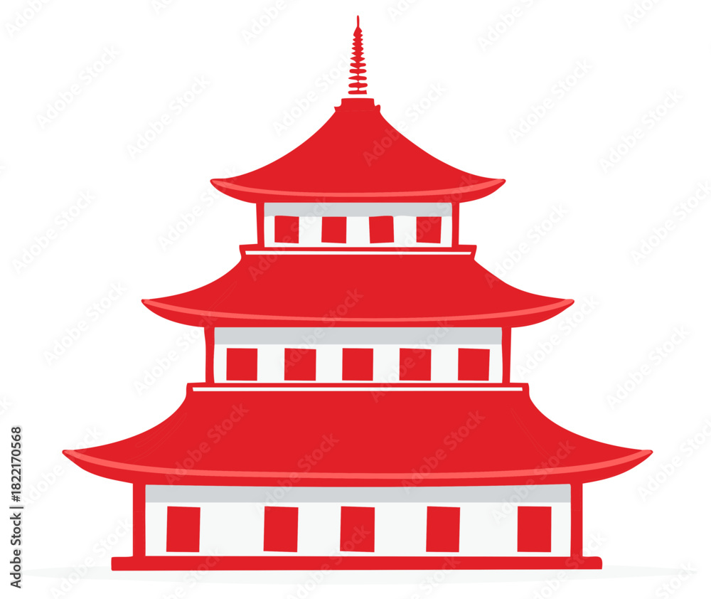 Fototapeta premium Vibrant red multi tiered Asian pagoda building with white levels and traditional spire