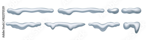 Snowy piles and snow caps. Vector realistic icons set, mountains or hills summits and peaks. Snowfall and blizzard, snowdrift with ice. Seasonal weather design, Christmas and new year decor