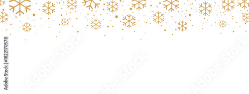 Elegant Christmas or winter banner featuring a seamless falling pattern of golden/bronze snowflakes and dots along the top edge. The design is isolated on a white background, offering significant copy