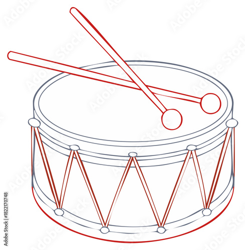 Classic parade snare drum with crossed drumsticks line art illustration. A musical percussion instrument for rhythm and beats.