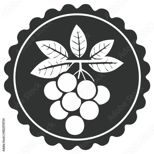 Stylized Cluster of Grapes and Leaves in a Scalloped Circle Emblem
