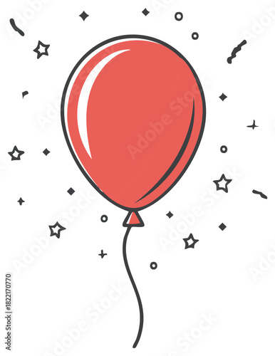 Festive red balloon floats with celebratory confetti and stars sparkling