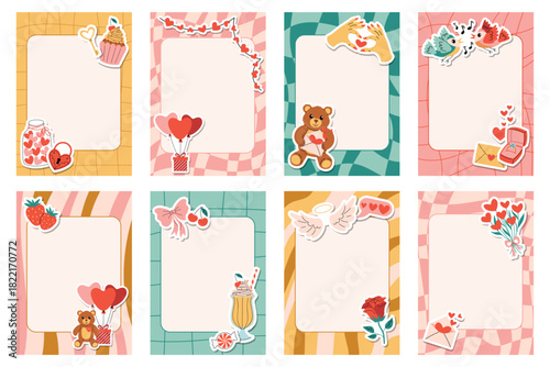 Set of groovy retro note sheets and cards with checkered and striped patterns. Includes frames and happy Valentines Day elements like teddy bear, hearts, gifts, roses, and singing birds.