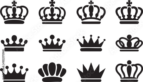 Black crown silhouettes display different styles, shapes, and decoration against a transparent background