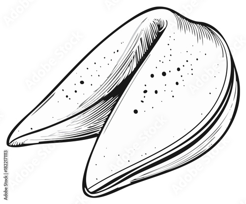 Detailed Illustration of Fortune Cookie, Black and White Graphic Design Element