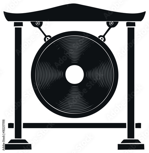 Traditional Gong Silhouette on Stand Musical Instrument Percussion Sound Temple Art