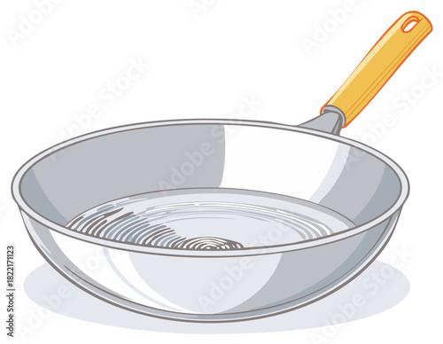 Illustration of a shiny, empty frying pan with a yellow handle, vector.
