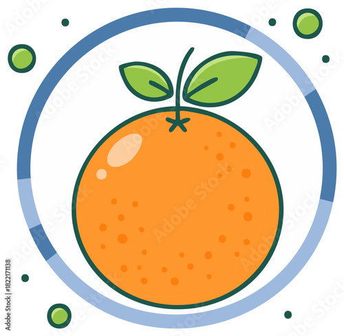Isolated orange fruit vector illustration with circular element and fresh green leaves